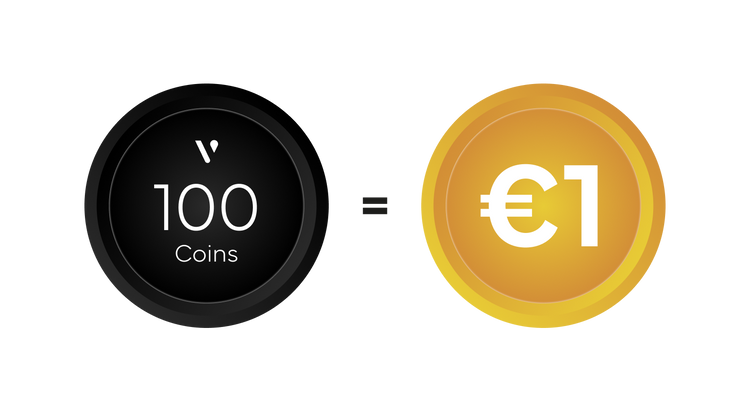 Ένα μαύρο νόμισμα με την ένδειξη 100 Coins ίσο με ένα χρυσό νόμισμα με την ένδειξη €1 σε λευκό φόντο, που απεικονίζει μια συναλλαγματική ισοτιμία.