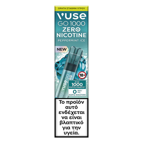 Ένας ατμοποιητής Vuse GO 1000 Pen - Peppermint Ice μίας χρήσης της Vuse, με την ένδειξη μηδενικής νικοτίνης, διαθέτει ελληνική προειδοποίηση: "Αυτό το προϊόν μπορεί να είναι επιβλαβές για την υγεία σας.