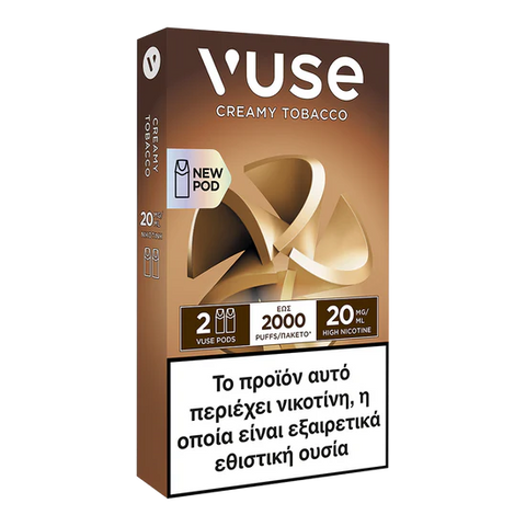 Ένα κουτί Vuse Pods - Creamy Tobacco της Vuse, με χρυσό και καφέ σχέδιο, περιέχει 20 mg/ml νικοτίνης, προσφέρει 2000 ρουφηξιές και εμφανίζει μια ελληνική προειδοποίηση για την εθιστική φύση της νικοτίνης.