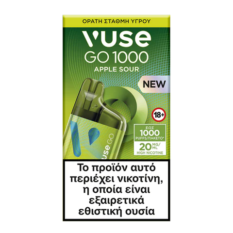 Το Vuse GO 1000 Box - Green Apple της Vuse διαθέτει πράσινη συσκευασία με τη συσκευή και μια φέτα μήλου. Το ελληνικό κείμενο προειδοποιεί ότι η νικοτίνη είναι ιδιαίτερα εθιστική. Για ηλικίες 18+.