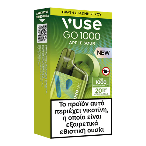 Ένα πράσινο κουτί ατμού Vuse GO 1000 Box - Green Apple μίας χρήσης από την Vuse, με εικόνα της συσκευής. Το ελληνικό κείμενο προειδοποιεί ότι περιέχει νικοτίνη, μια εξαιρετικά εθιστική ουσία. Το κουτί αναφέρει ότι είναι για ηλικίες 18+ και προσφέρει 1000 ρουφηξιές.