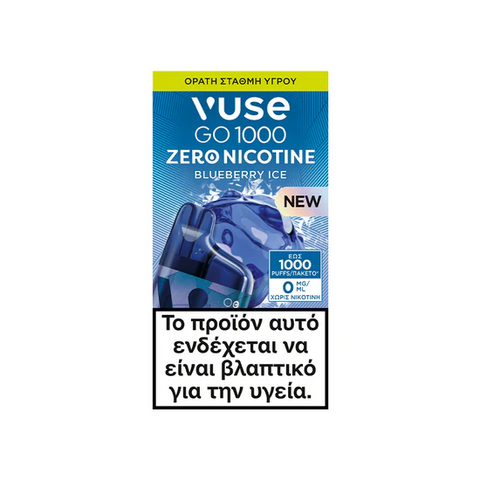 Ένα Vuse GO 1000 Box - Blueberry Ice vape από την Vuse εμφανίζει τις ενδείξεις "Zero Nicotine" και "NEW", με μια ελληνική προειδοποίηση για την υγεία στο κάτω μέρος. Η συσκευασία περιλαμβάνει εικόνες από βατόμουρα και πάγο.