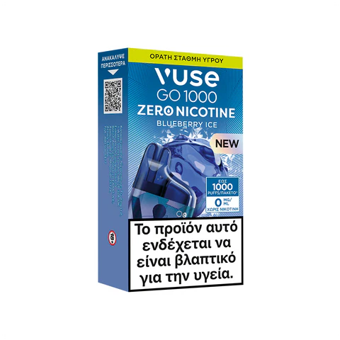 Το Vuse GO 1000 Box - Blueberry Ice της Vuse έρχεται σε μια κυρίως μπλε συσκευασία με εικόνες προϊόντος, εμφανίζει την ένδειξη "Zero Nicotine" και περιλαμβάνει μια ελληνική προειδοποίηση υγείας που αναφέρει ότι μπορεί να είναι επιβλαβές για την υγεία.