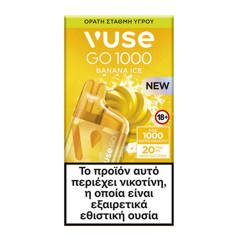Ένα κίτρινο κουτί Vuse GO 1000 Box - Banana Ice της Vuse με ελληνική προειδοποίηση νικοτίνης, που απεικονίζεται με τη συσκευή ατμίσματος και φέτες μπανάνας.