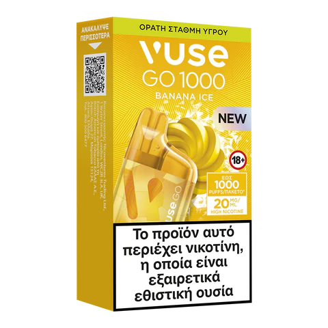 Το Vuse GO 1000 Box - Banana Ice της Vuse διαθέτει κίτρινη συσκευασία με γραφικά μπανάνας, με τις ενδείξεις "ΝΕΟ", "έως 1000 ρουφηξιές", "20 mg/ml νικοτίνης" και μια ελληνική προειδοποίηση για την εθιστικότητα της νικοτίνης.