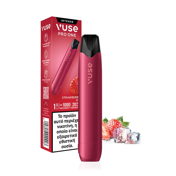Η συσκευή ατμίσματος VUSE Greece Vuse Pro One Strawberry Ice σε κόκκινο χρώμα εμφανίζεται δίπλα στη συσκευασία της, η οποία διαθέτει γραφικά με φράουλα και παγάκια. Το ελληνικό κείμενο είναι ορατό στο κουτί.