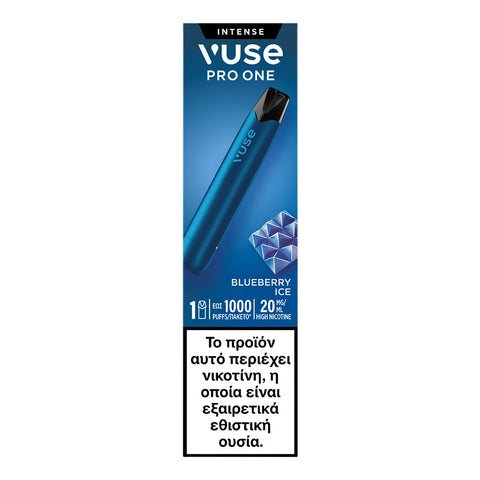 Ο ατμός μιας χρήσης Vuse Pro One Blueberry Ice της VUSE Greece προσφέρει 1000 ρουφηξιές με 20mg/ml νικοτίνης. Μια ελληνική προειδοποίηση παρακάτω σημειώνει ότι περιέχει ιδιαίτερα εθιστική νικοτίνη.