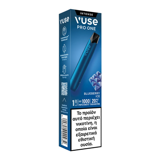 Το κουτί ατμίσματος VUSE Greece Vuse Pro One Blueberry Ice μίας χρήσης διαθέτει μπλε σχεδιασμό, 1000 ρουφηξιές, 20mg/ml νικοτίνης και μια ελληνική προειδοποίηση που αναφέρει ότι περιέχει νικοτίνη, μια εθιστική ουσία.