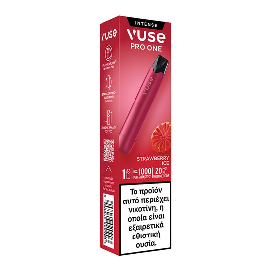 Ένα κουτί ατμοποιητή VUSE Greece Vuse Pro One Strawberry Ice δείχνει μια εικόνα φράουλας και μια ελληνική προειδοποίηση για την εξαιρετικά εθιστική νικοτίνη. Η ετικέτα αναφέρει 1000 ρουφηξιές, 20 mg/ml νικοτίνης και γεύση "Strawberry Ice".