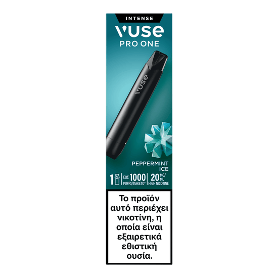 Συσκευασία συσκευής ατμίσματος VUSE Greece Vuse Pro One Peppermint Ice, με την εικόνα της συσκευής, ένα γραφικό με μέντα και ελληνικό κείμενο που προειδοποιεί για το άκρως εθιστικό περιεχόμενο νικοτίνης.