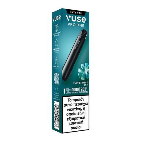 Ένα κουτί ατμού VUSE Greece Pro One Peppermint Ice μίας χρήσης, κυρίως μπλε με μαύρη εικόνα της συσκευής και ελληνική προειδοποίηση νικοτίνης στο κάτω μέρος.