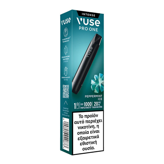 Ένα κουτί ατμού VUSE Greece Pro One Peppermint Ice μίας χρήσης, κυρίως μπλε με μαύρη εικόνα της συσκευής και ελληνική προειδοποίηση νικοτίνης στο κάτω μέρος.