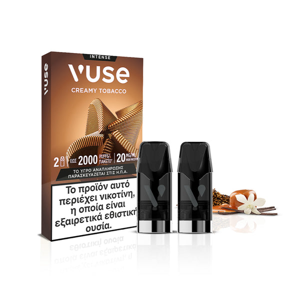 Vuse Pods - Creamy Tobacco της Vuse: μια συσκευασία με δύο κάψουλες που συνδυάζει πλούσιο καπνό και αρωματικό άνθος βανίλιας, με ελληνική προειδοποιητική ετικέτα που αναφέρει ότι το προϊόν περιέχει νικοτίνη που προκαλεί ισχυρή εξάρτηση.