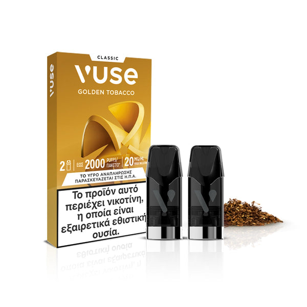 Η συσκευασία «Vuse Pods - Golden Tobacco» της Vuse απεικονίζεται με δύο μαύρα καψούλια, ένα κουτί με χρυσά γραφικά σε σχήμα κορδέλας, μια μικρή στοίβα χαλαρών χρυσών φύλλων καπνού και ένα κείμενο στα ελληνικά που προειδοποιεί για τη νικοτίνη.