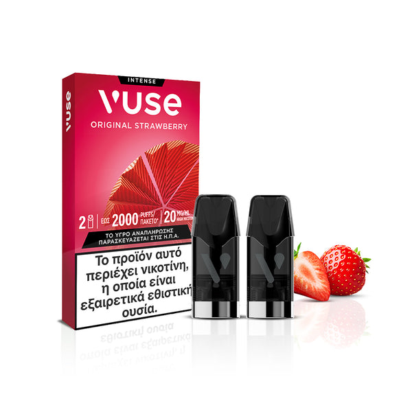 Vuse Pods - Original Strawberry της Vuse: συσκευασία με δύο μαύρα pods με έντονο σχέδιο που συνδυάζει μοτίβα φράουλας, κόκκινο κουτί, ελληνική προειδοποίηση για τη νικοτίνη και εντυπωσιακό γραφικό με φράουλες.