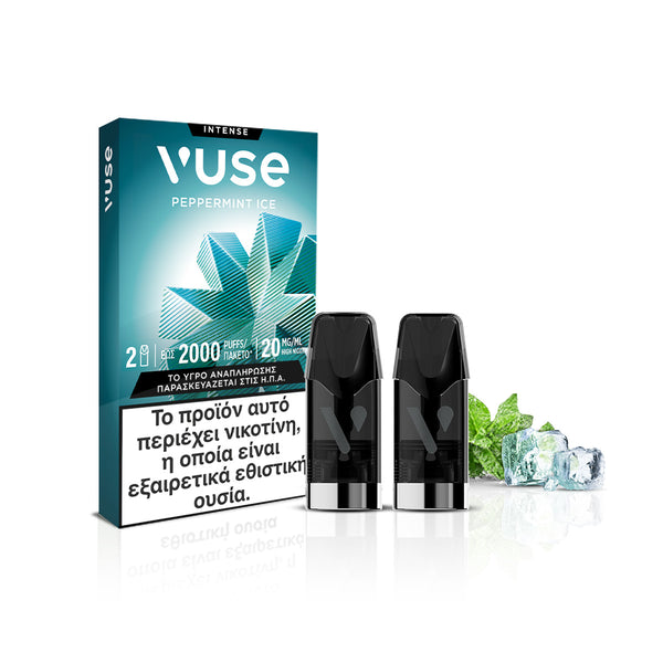 Vuse Pods - Peppermint Ice της Vuse, που απεικονίζεται με δύο μαύρα καψάκια, παγάκια και φύλλα μέντας, για να τονιστεί η παγωμένη γεύση μέντας. Η ελληνική ετικέτα προειδοποίησης αναφέρει ότι το προϊόν περιέχει νικοτίνη, μια εθιστική ουσία.