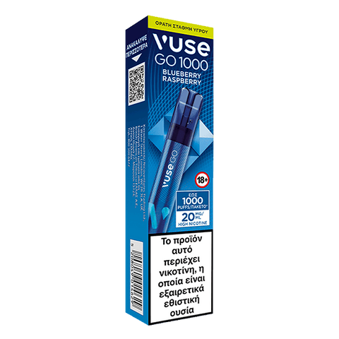 Ένα κουτί με Vuse GO 1000 Pen - Blueberry Raspberry της Vuse, που περιέχει δύο μπλε συσκευές μίας χρήσης και ελληνικό κείμενο στο μπροστινό μέρος που προειδοποιεί για την περιεκτικότητα σε νικοτίνη.