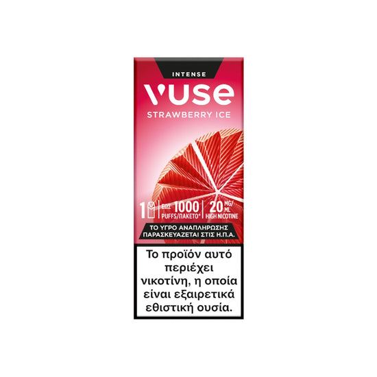 Μια συσκευασία Vuse Pod - Strawberry Ice της Vuse διαθέτει ένα εντυπωσιακό κόκκινο σχέδιο και την εικόνα μιας κομμένης ώριμης φράουλας, που αναδεικνύει τη δελεαστική γεύση φράουλας με πάγο που περιέχει. Παρακάτω, ένα κείμενο στα ελληνικά προειδοποιεί ότι το προϊόν περιέχει νικοτίνη, μια ουσία που προκαλεί ισχυρή εξάρτηση.