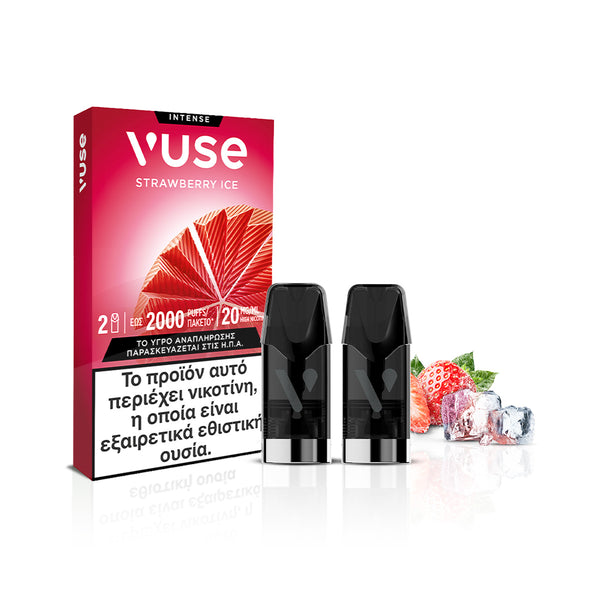 Η συσκευασία των Vuse Pods - Strawberry Ice απεικονίζει δύο μαύρα Vuse pods, ώριμες φράουλες, φύλλα μέντας και παγάκια. Το κείμενο στα ελληνικά που βρίσκεται από κάτω προειδοποιεί για την περιεκτικότητα σε νικοτίνη και τονίζει την παγωμένη γεύση φράουλας.