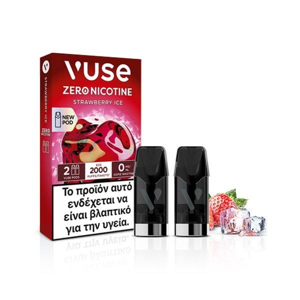 Εμφανίζεται μια συσκευασία Vuse Pods - Strawberry Ice, στην οποία φαίνονται δύο μαύρα καψάκια, εικόνες φράουλας και παγάκι, το εμπορικό σήμα Vuse, καθώς και μια ελληνική προειδοποίηση για πιθανούς κινδύνους για την υγεία.