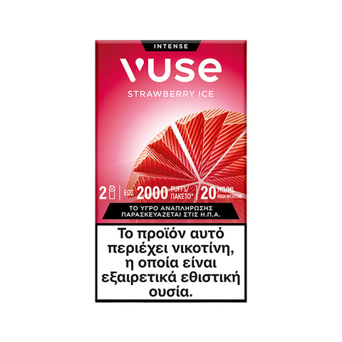 Η συσκευασία των Vuse Pods - Strawberry Ice παρουσιάζει ένα σχέδιο σε κόκκινο, λευκό και ροζ χρώμα, που τονίζει τη δροσερή γεύση φράουλας. Μια προειδοποίηση στα ελληνικά αναφέρει ότι το προϊόν περιέχει νικοτίνη, μια ουσία που προκαλεί ισχυρή εξάρτηση. Μάρκα: Vuse.
