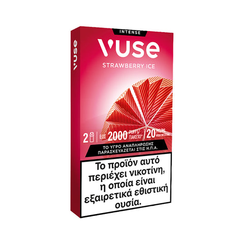 Ένα κουτί με Vuse Pods - Strawberry Ice της Vuse, με ελληνική προειδοποίηση σχετικά με τη νικοτίνη ως εθιστική ουσία. Η κόκκινη συσκευασία και οι εικόνες με φέτες φράουλας υποδηλώνουν γεύση ώριμης φράουλας με παγωμένη αίσθηση δροσιάς.