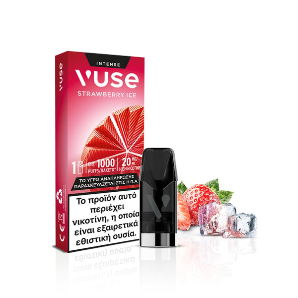 Συσκευασία Vuse Pod - Strawberry Ice της Vuse, με ένα κομψό μαύρο pod να προβάλλεται στο μπροστινό μέρος. Η συσκευασία φέρει ζωντανά χρώματα που θυμίζουν ώριμες φράουλες, δροσερά παγάκια και μια ελληνική προειδοποίηση για τη νικοτίνη. Απολαύστε την αυθεντική γεύση φρέσκων φραουλών σε συνδυασμό με μια παγωμένη αίσθηση δροσιάς σε κάθε ρουφηξιά.